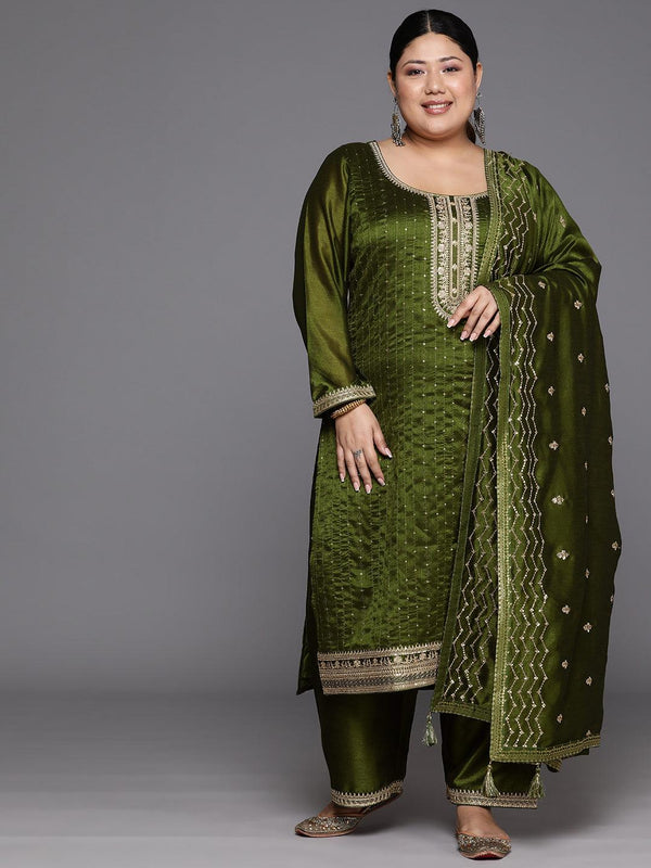 Plus Size Olive Embroidered Silk Blend Straight Suit Set - Jashvi