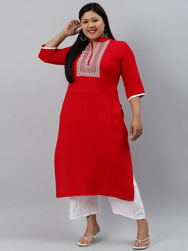 Plus Size Red Mirror Work Rayon Kurta - Jashvi