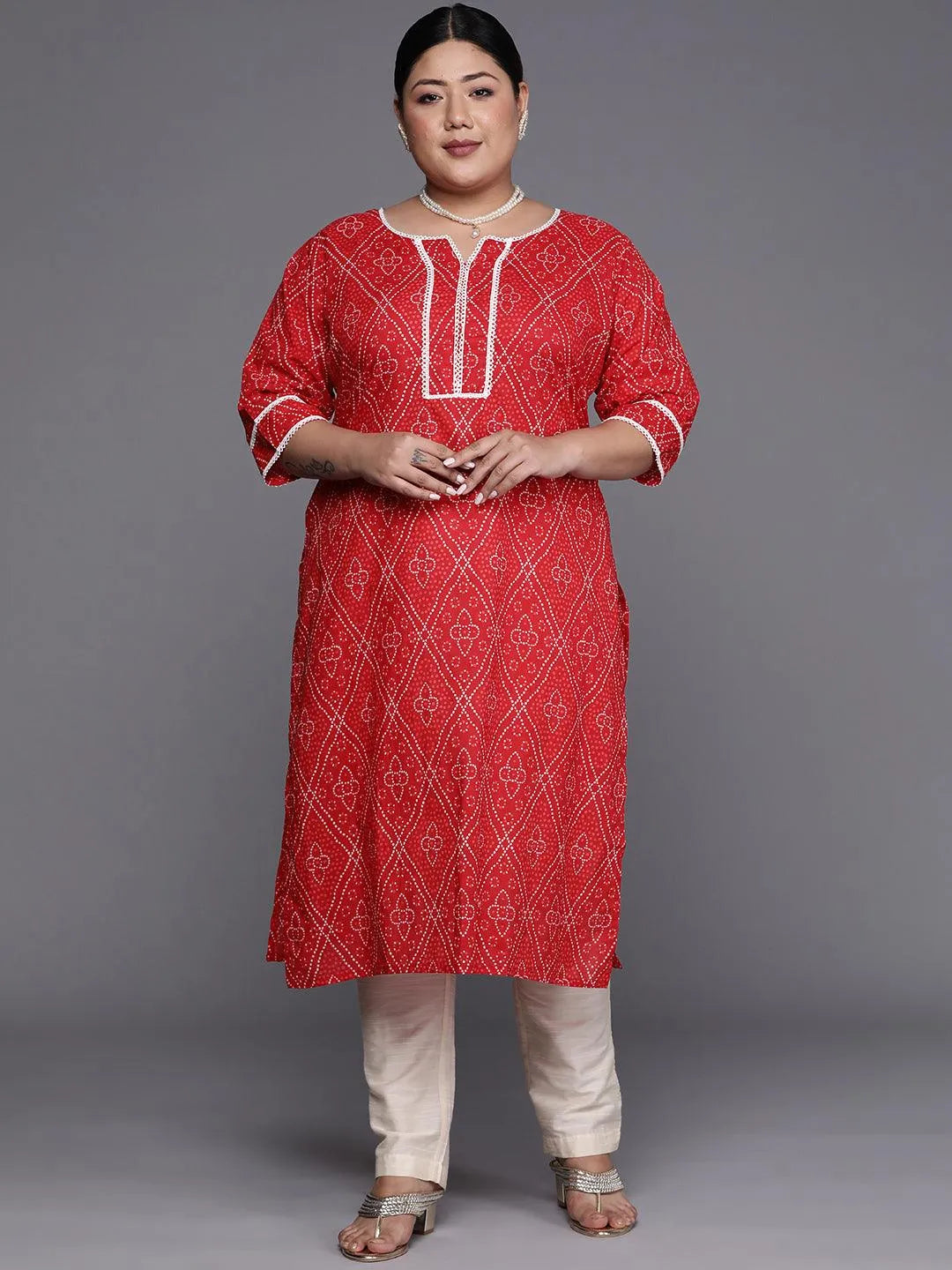 Plus Size Red Printed Cotton Straight Kurta - Jashvi