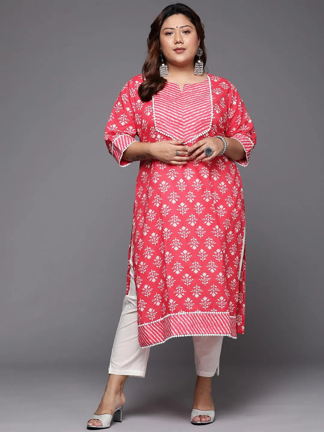 Plus Size Red Printed Cotton Straight Kurta - Jashvi