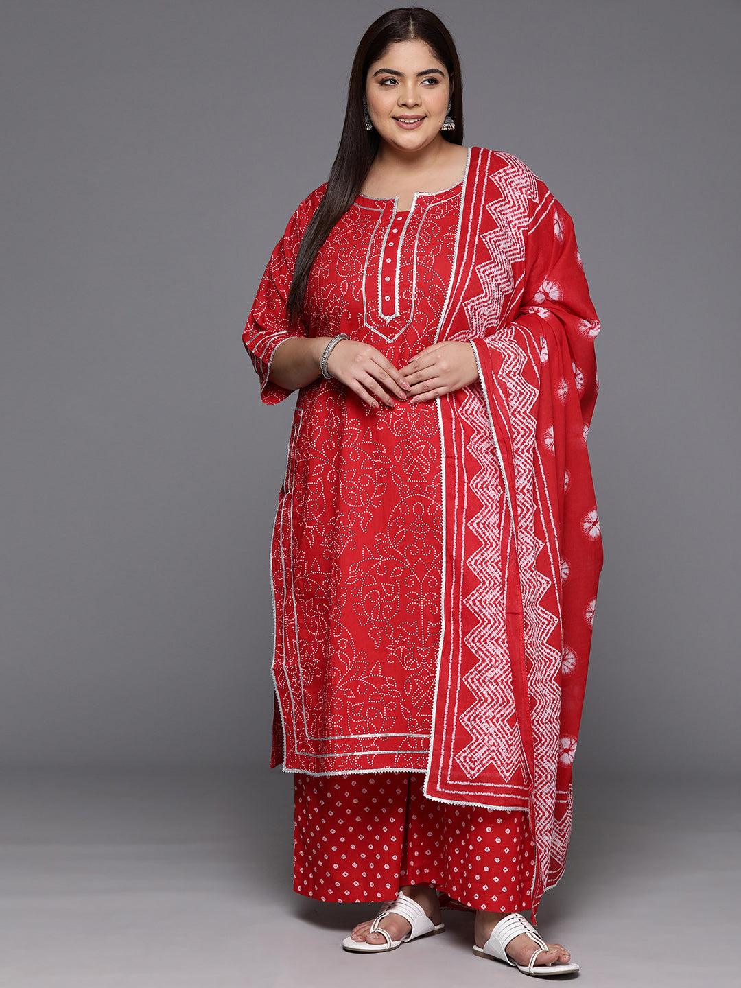 Plus Size Red Printed Cotton Straight Kurta With Palazzos & Dupatta - Jashvi