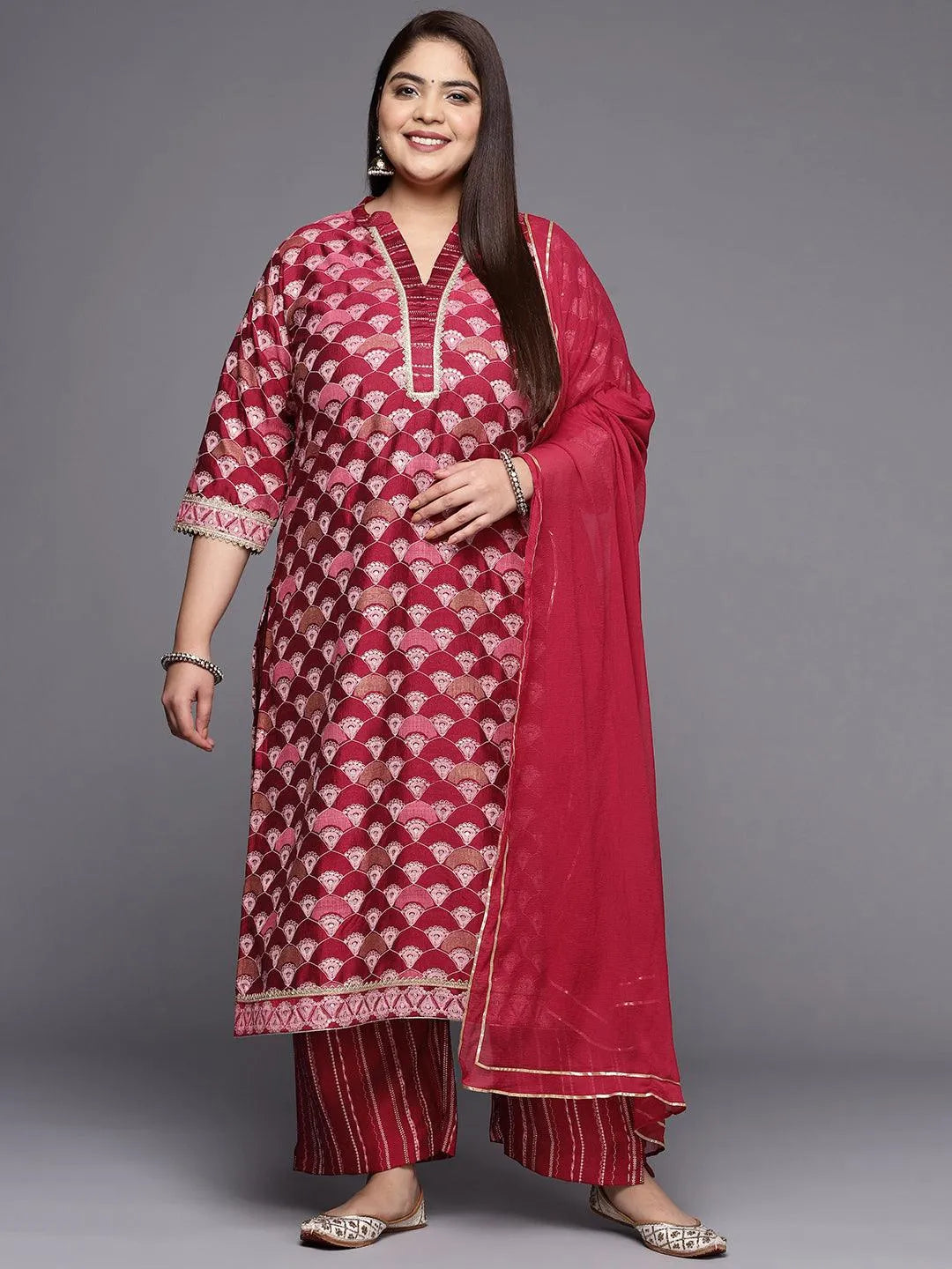 Plus Size Red Printed Silk Blend Straight Suit Set - Jashvi