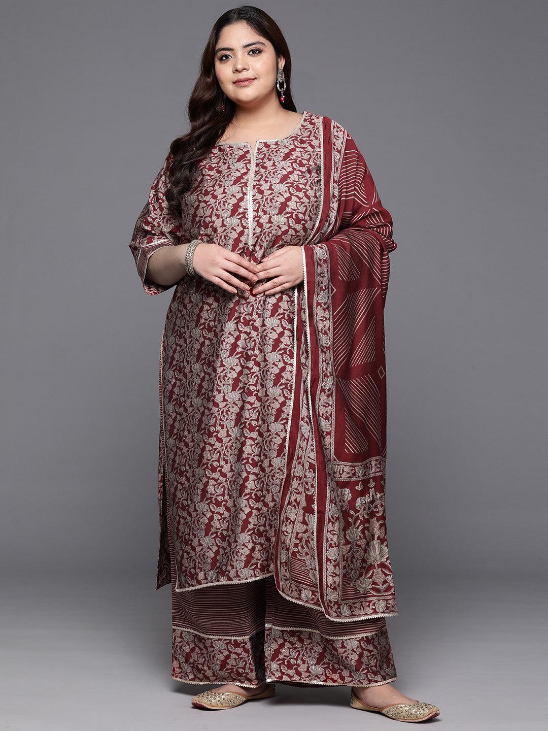 Plus Size Red Printed Silk Blend Straight Kurta With Palazzos & Dupatta - Jashvi