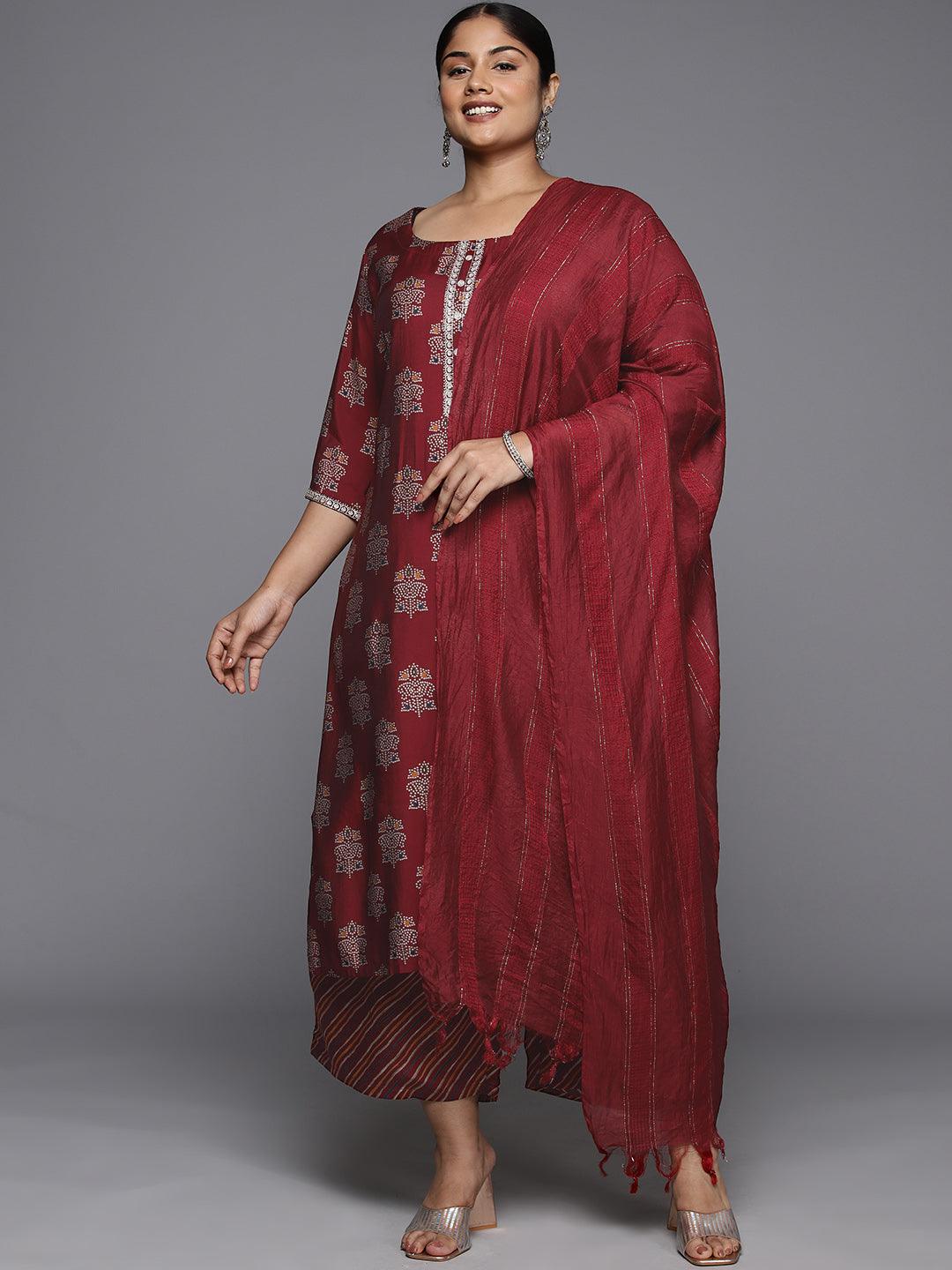 Plus Size Red Printed Silk Blend Straight Kurta With Palazzos & Dupatta - Jashvi