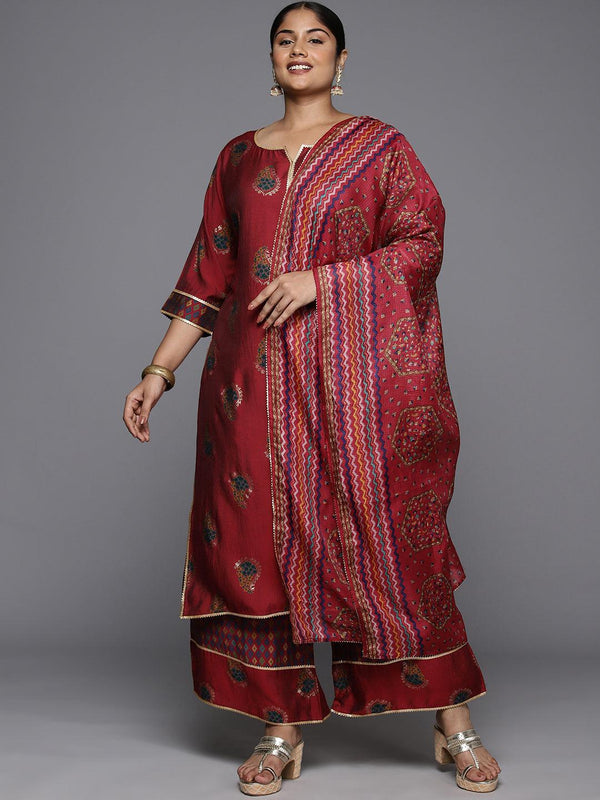 Plus Size Red Printed Silk Blend Straight Kurta With Palazzos & Dupatta - Jashvi