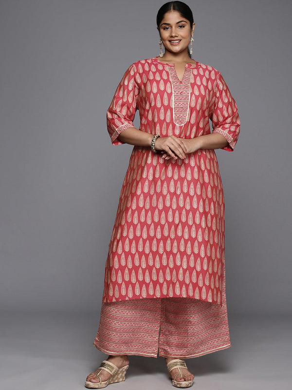 Plus Size Red Printed Silk Blend Straight Kurta With Palazzos - Jashvi