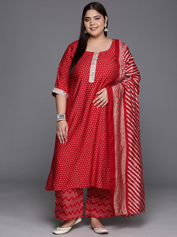 Plus Size Red Printed Silk Blend Straight Kurta With Trousers & Dupatta - Jashvi