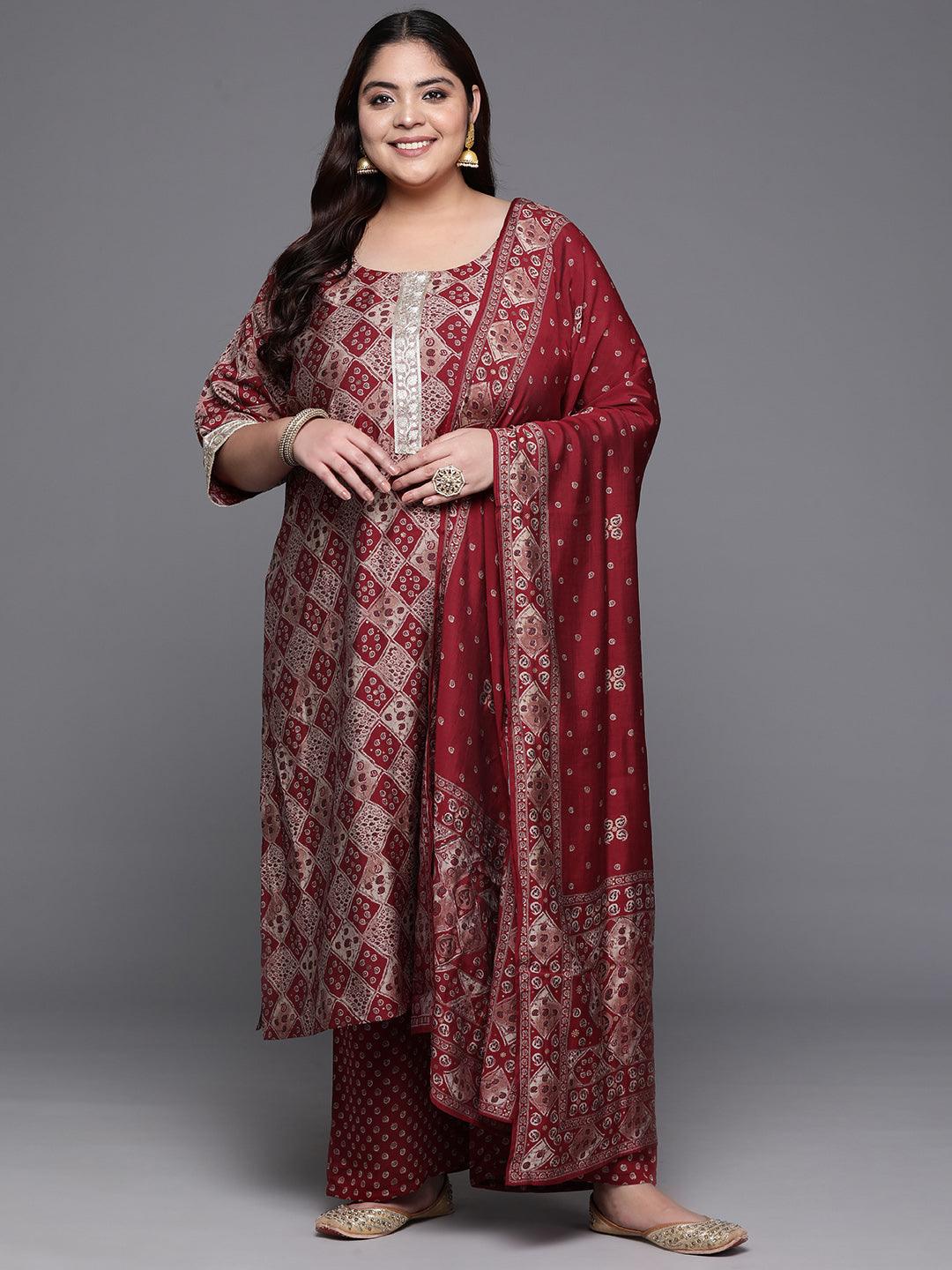 Plus Size Red Printed Silk Blend Straight Kurta With Trousers & Dupatta - Jashvi