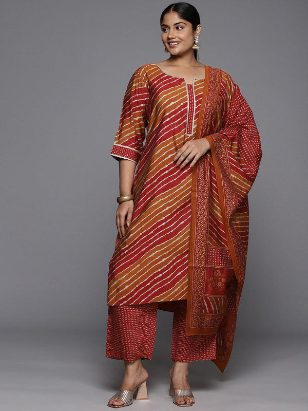 Plus Size Red Printed Silk Blend Straight Kurta With Trousers & Dupatta - Jashvi