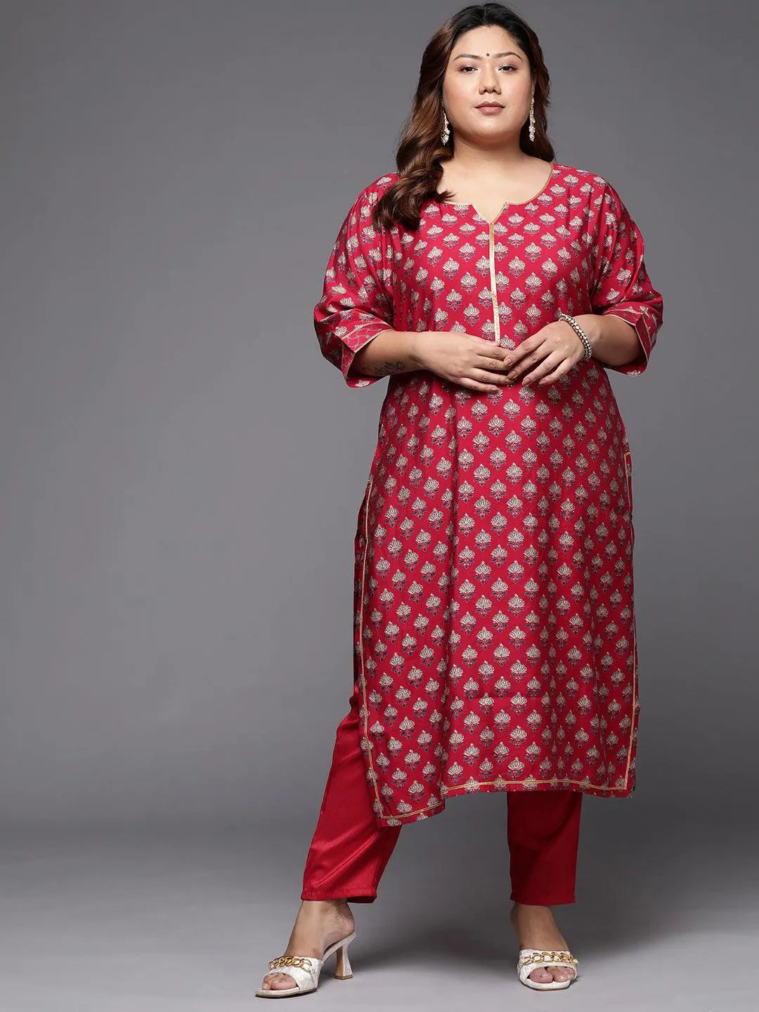 Plus Size Red Printed Silk Straight Kurta - Jashvi