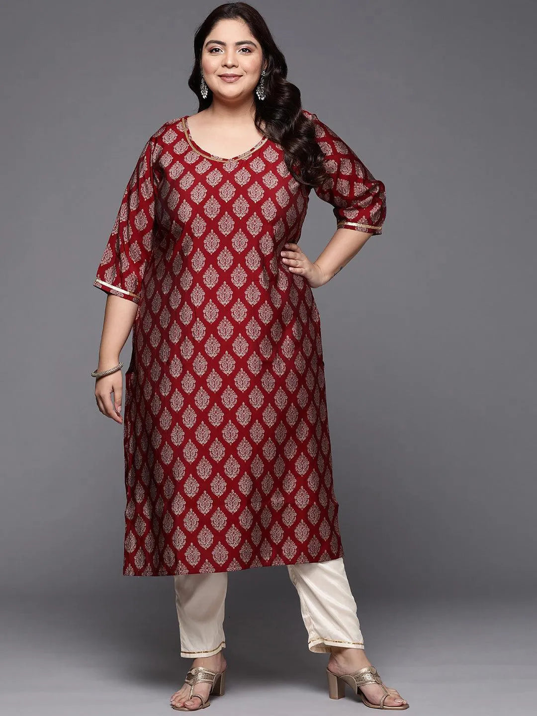 Plus Size Red Printed Silk Straight Kurta - Jashvi