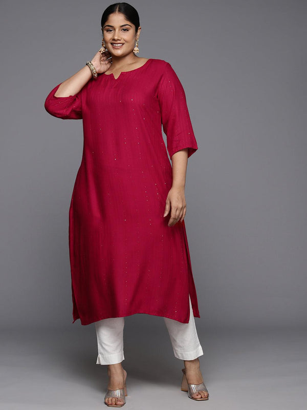 Plus Size Red Rayon Embroidered Straight Kurta - Jashvi