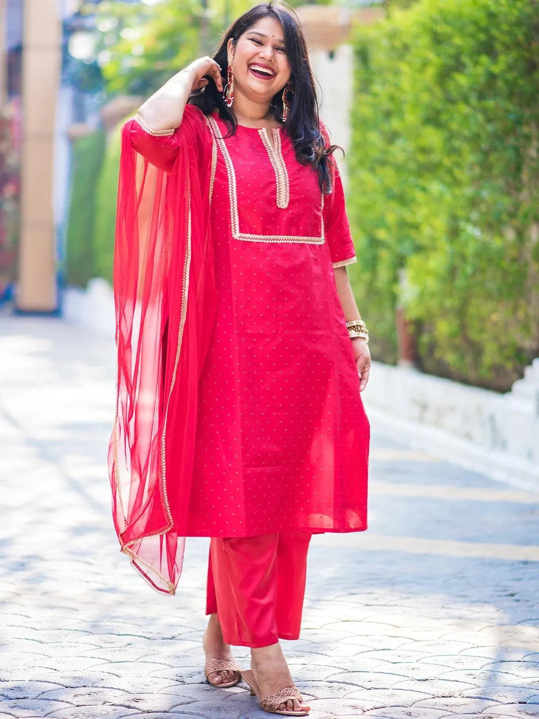 Plus Size Red Woven Design Art Silk Suit Set - Jashvi