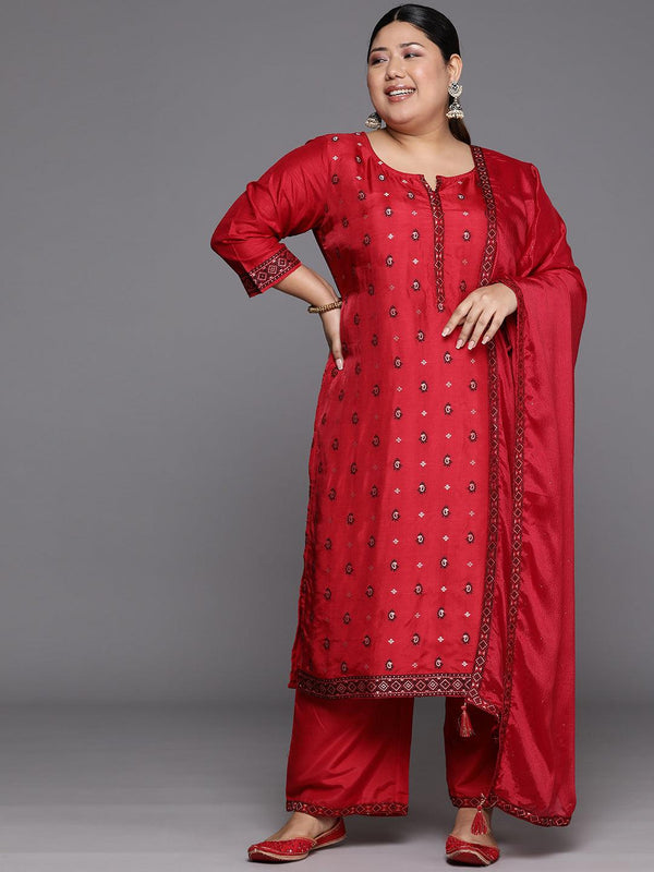 Plus Size Red Woven Design Silk Blend Straight Suit Set - Jashvi