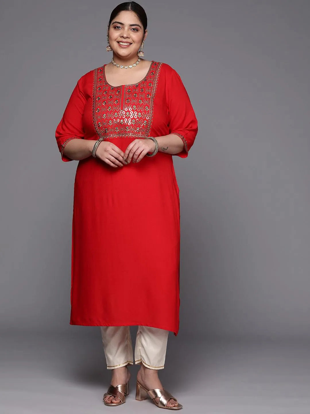 Plus Size Red Yoke Design Rayon Straight Kurta - Jashvi