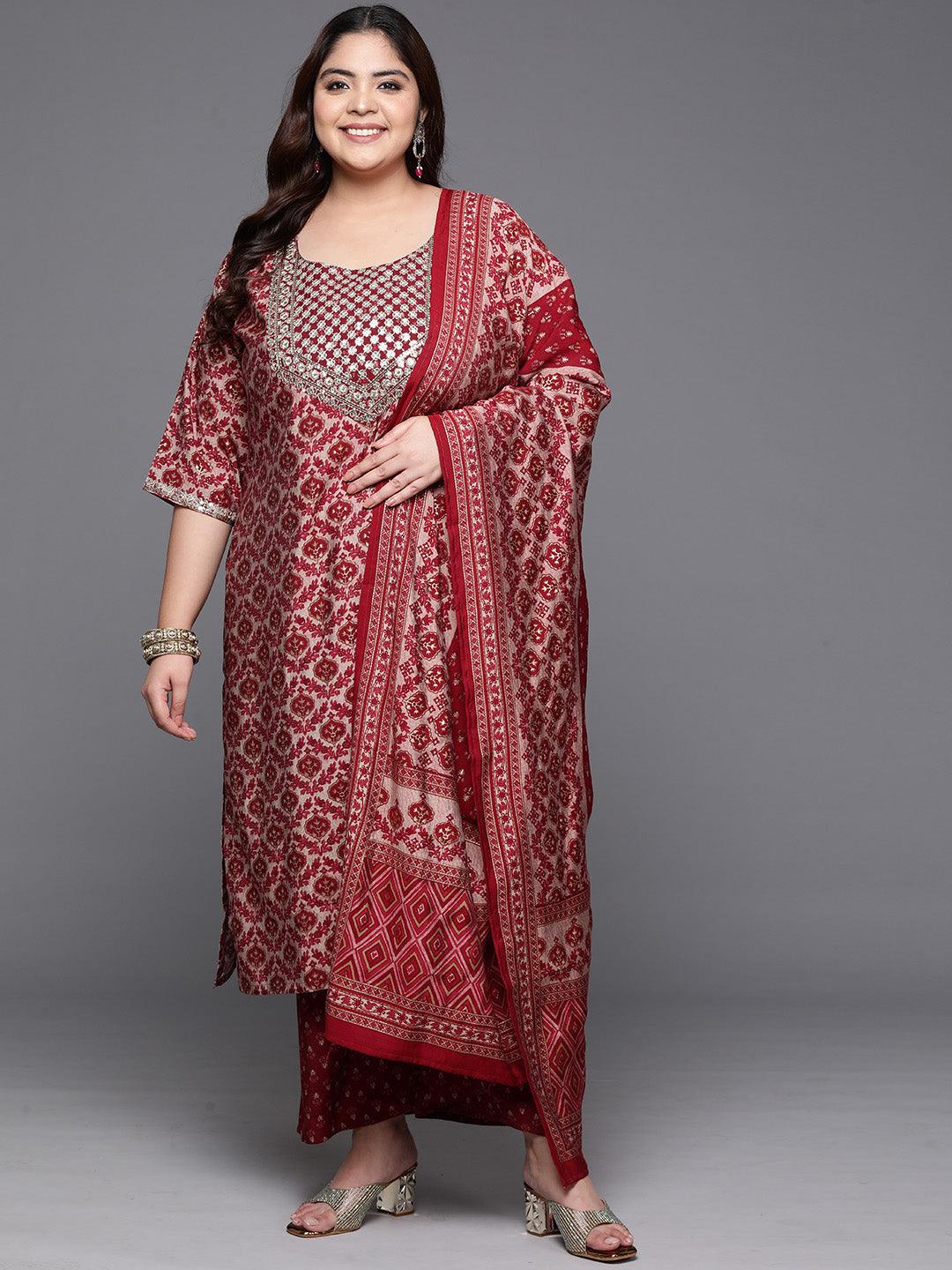 Plus Size Red Yoke Design Silk Blend Straight Kurta With Trousers & Dupatta - Jashvi