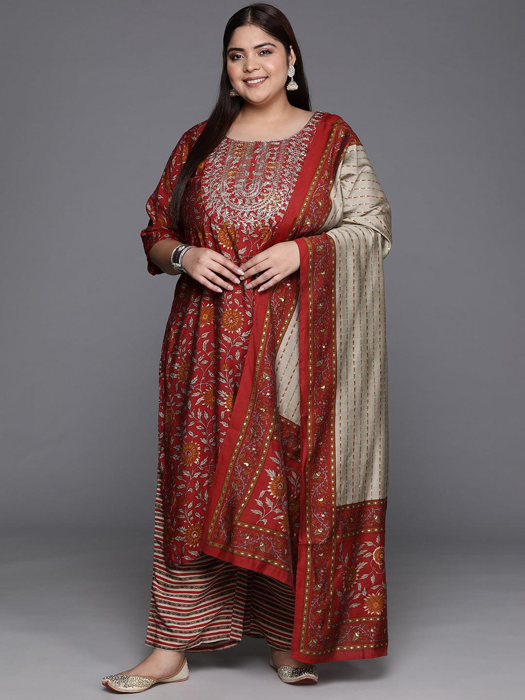 Plus Size Red Yoke Design Silk Blend Straight Kurta With Trousers & Dupatta - Jashvi