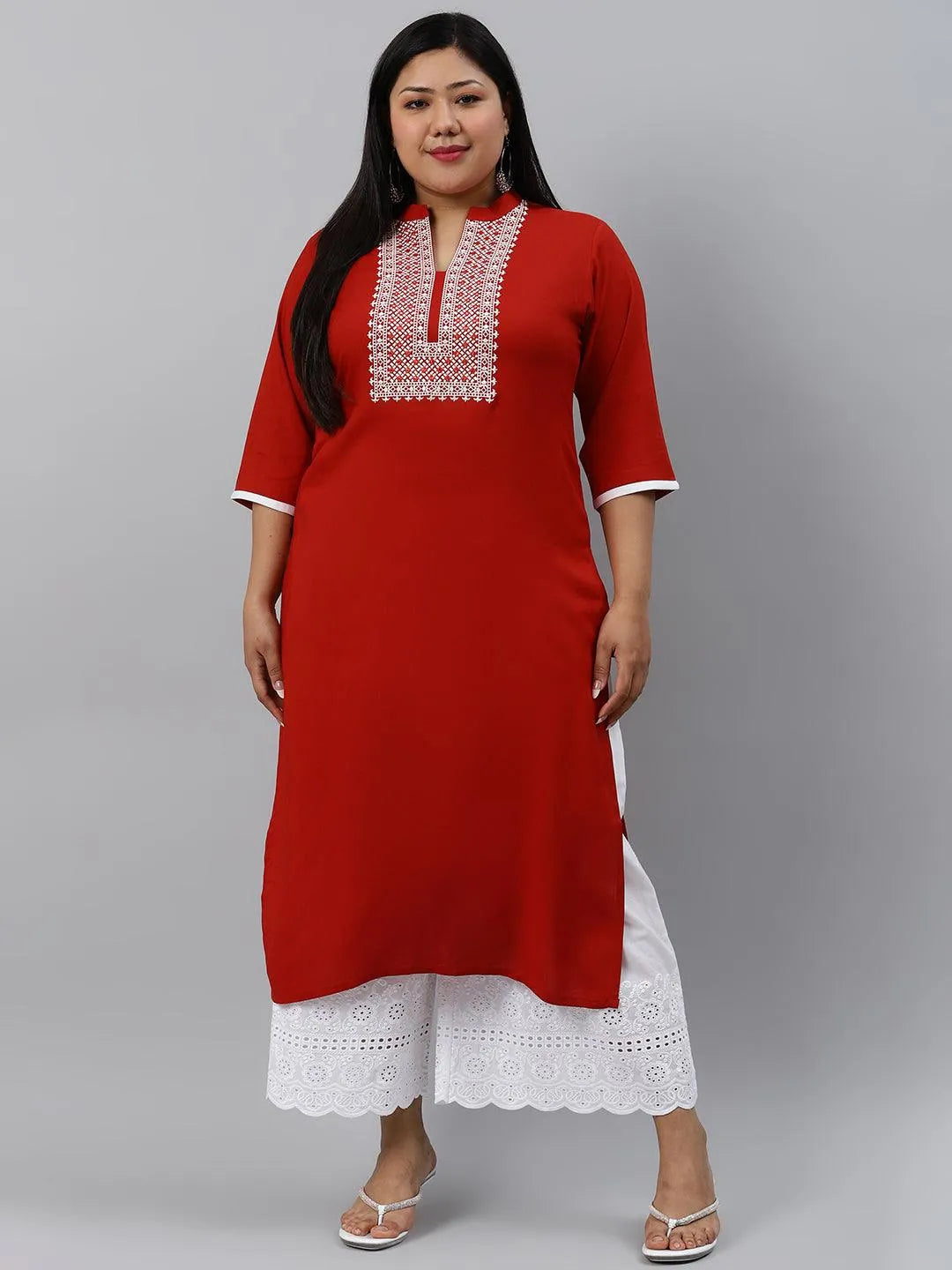 Plus Size Rust Embroidered Rayon Kurta - Jashvi