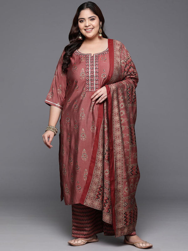 Plus Size Rust Printed Silk Blend Straight Kurta With Trousers & Dupatta - Jashvi