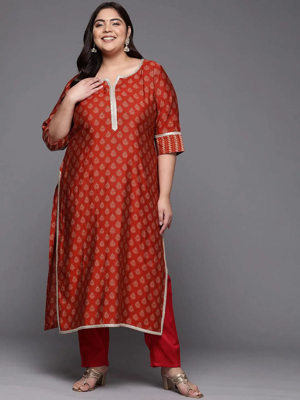 Plus Size Rust Printed Silk Straight Kurta - Jashvi