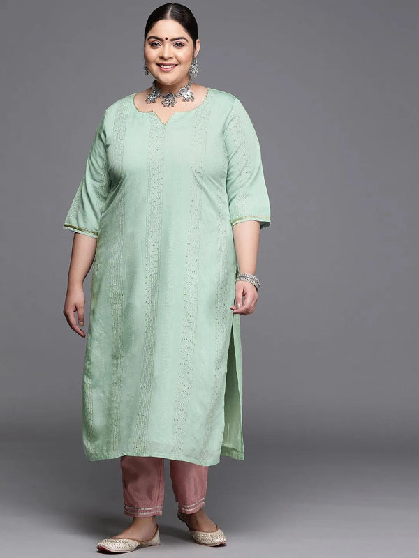 Plus Size Sea Green Embellished Chanderi Silk Kurta - Jashvi