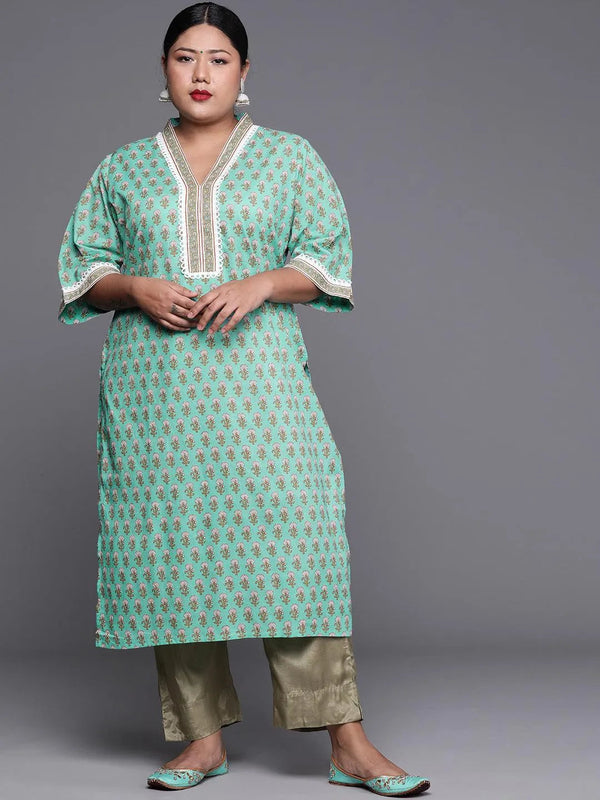 Plus Size Sea Green Printed Cotton Kurta - Jashvi