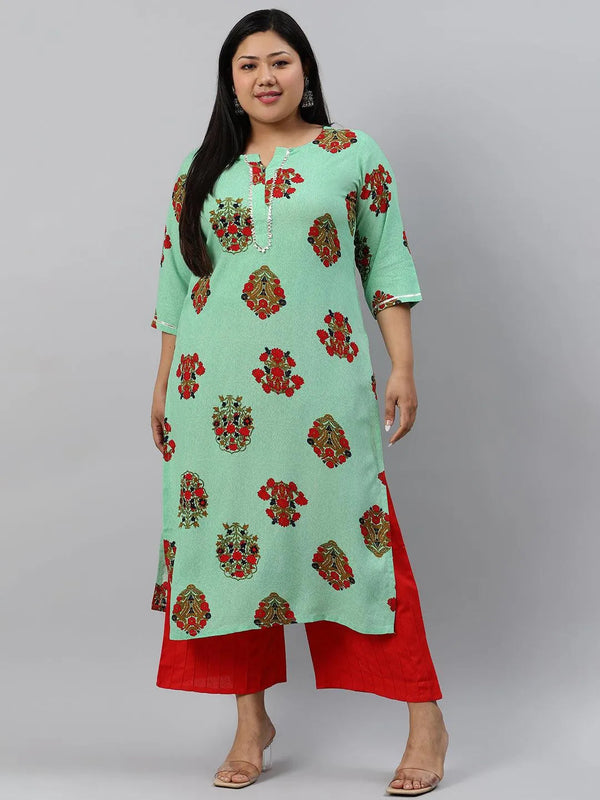 Plus Size Sea Green Printed Rayon Kurta - Jashvi