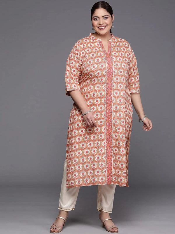 Plus Size Tan Printed Cotton Straight Kurta - Jashvi