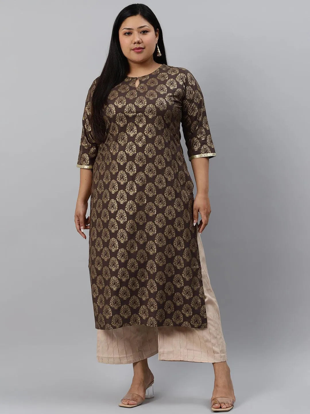 Plus Size Taupe Printed Cotton Kurta - Jashvi