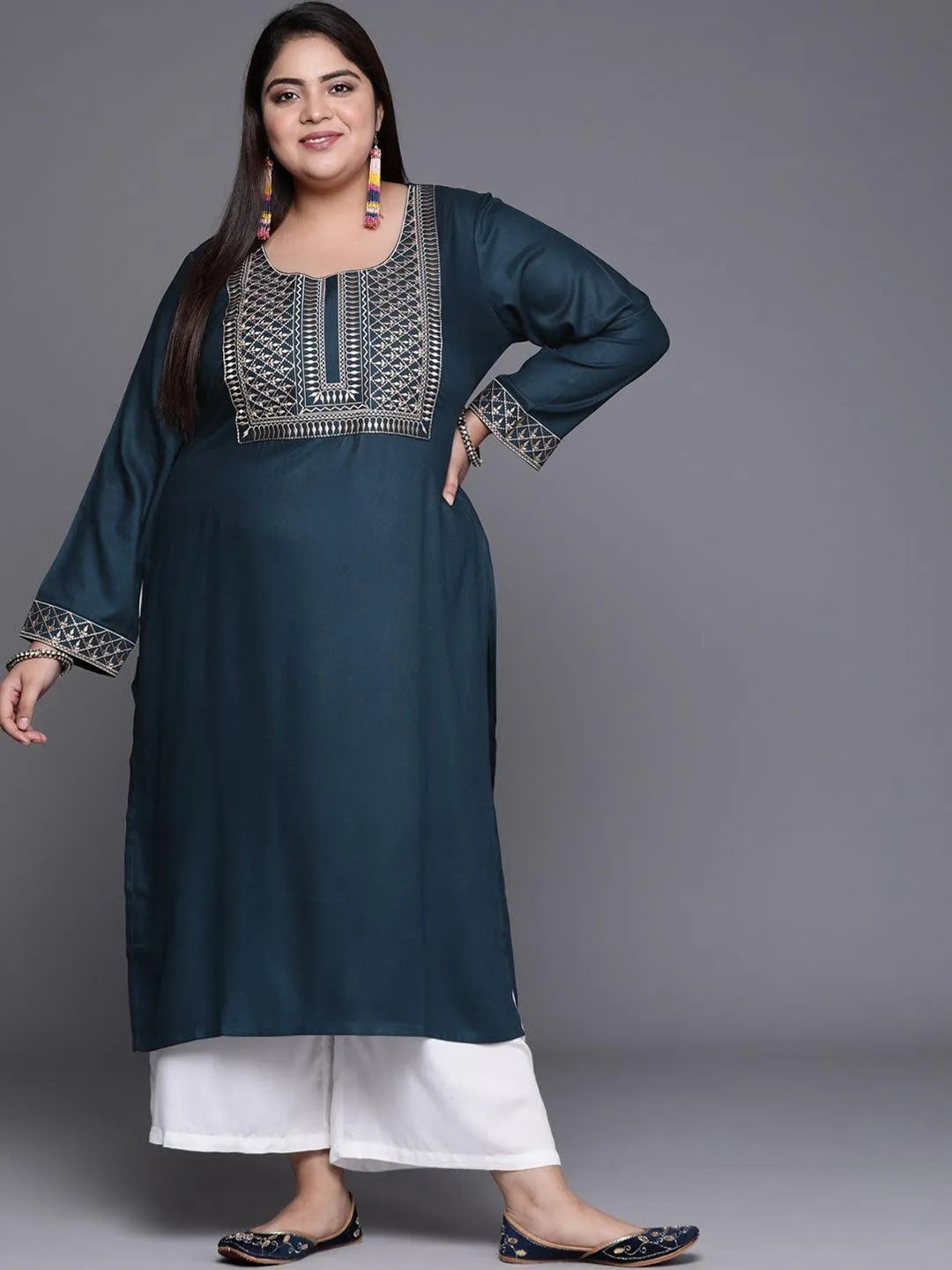 Plus Size Teal Blue Solid Wool Kurta - Jashvi