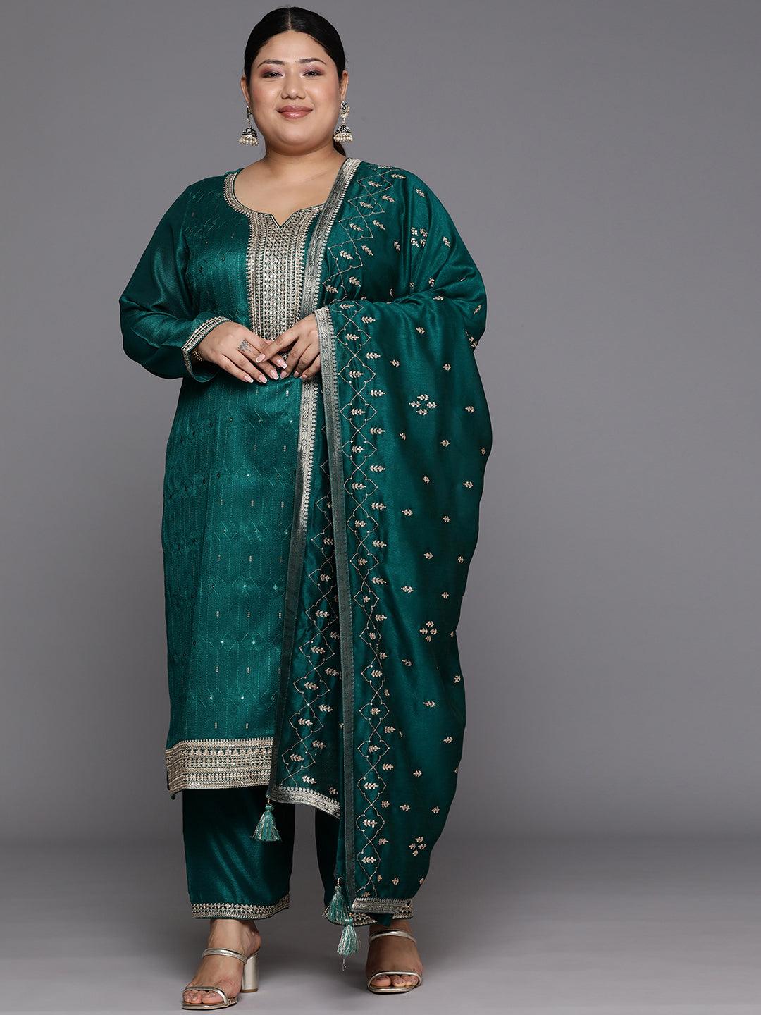 Plus Size Teal Embroidered Silk Blend Straight Suit Set - Jashvi