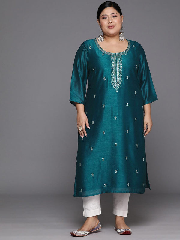 Plus Size Teal Embroidered Silk Straight Kurta - Jashvi