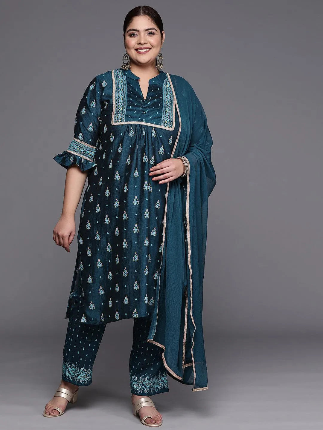 Plus Size Teal Printed Silk Blend Straight Suit Set - Jashvi