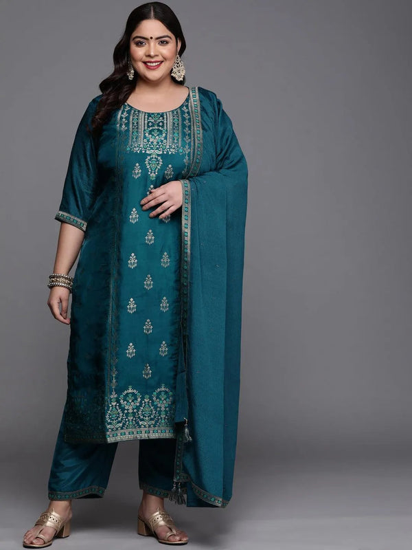 Plus Size Teal Self Design Silk Blend Suit Set - Jashvi