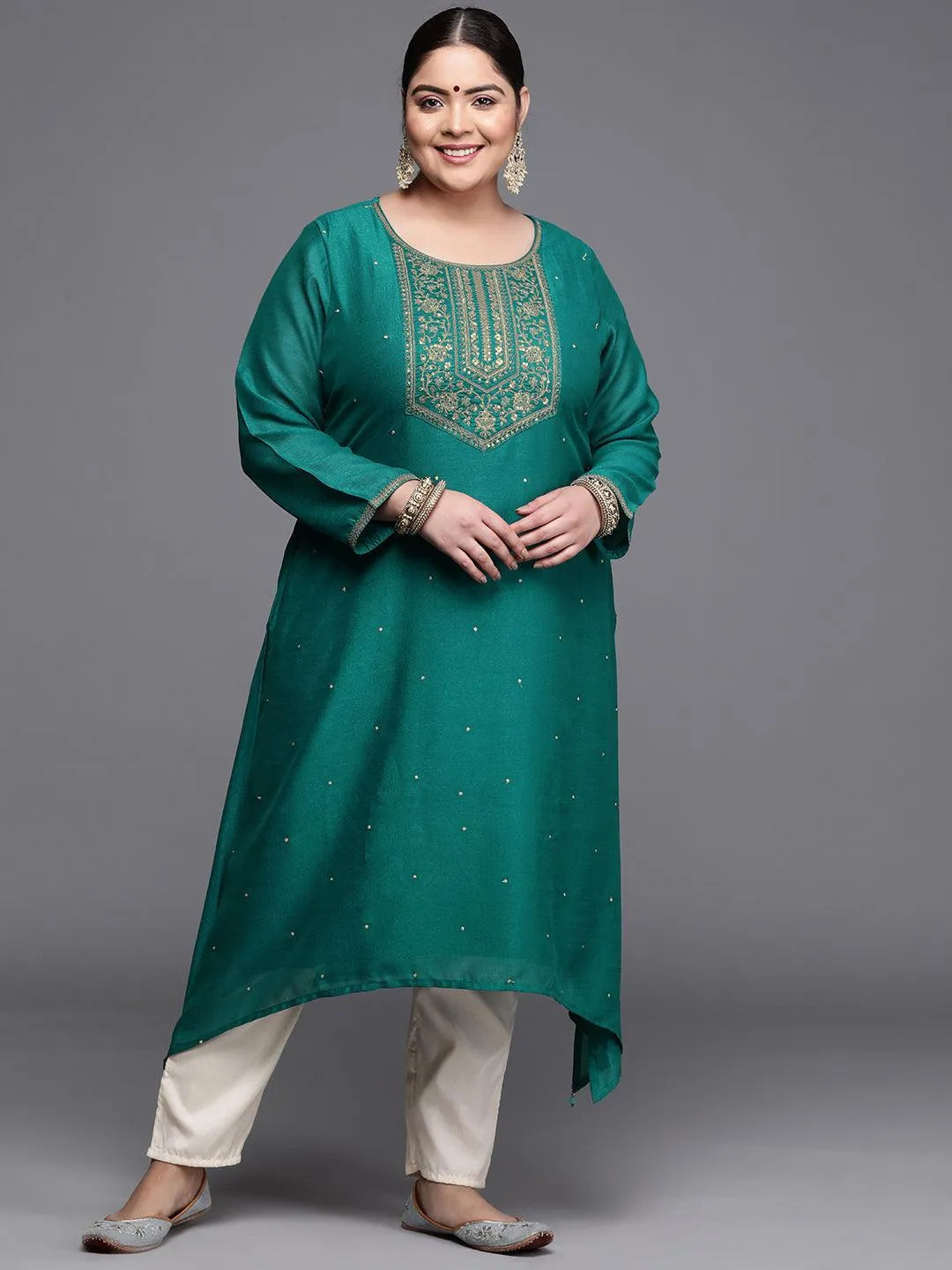 Plus Size Teal Yoke Design Silk Kurta - Jashvi