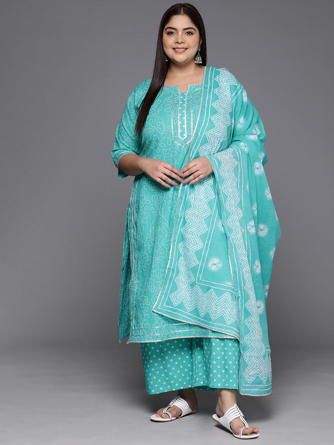 Plus Size Turquoise Blue Printed Cotton Straight Kurta With Palazzos & Dupatta - Jashvi