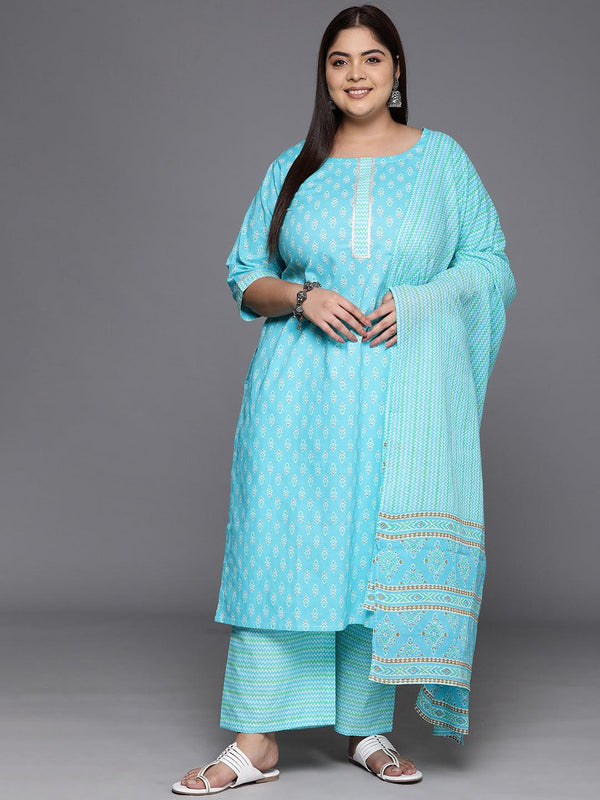 Plus Size Turquoise Blue Printed Cotton Straight Kurta With Trousers & Dupatta - Jashvi