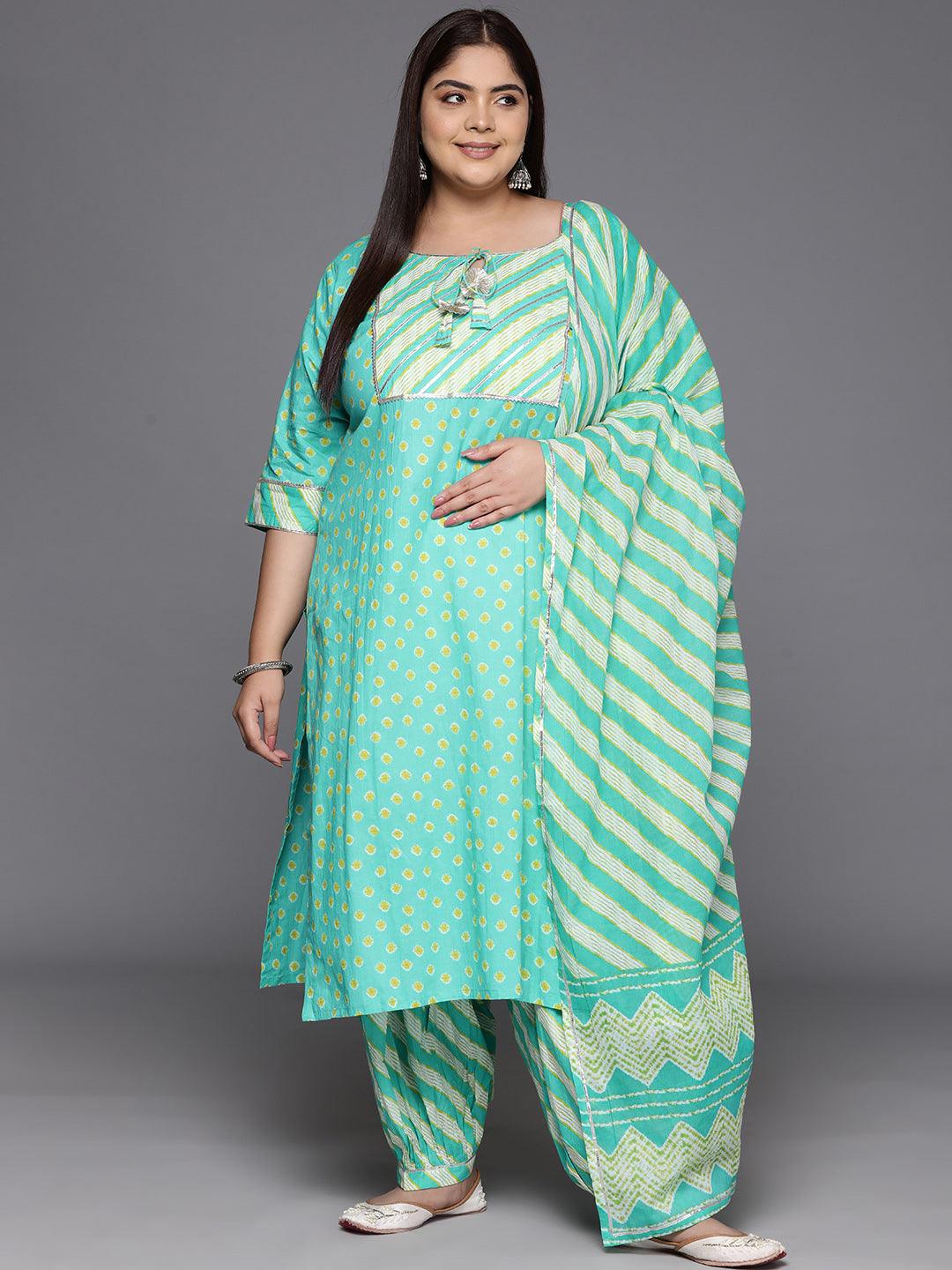 Plus Size Turquoise Blue Yoke Design Cotton Straight Kurta With Salwar & Dupatta - Jashvi