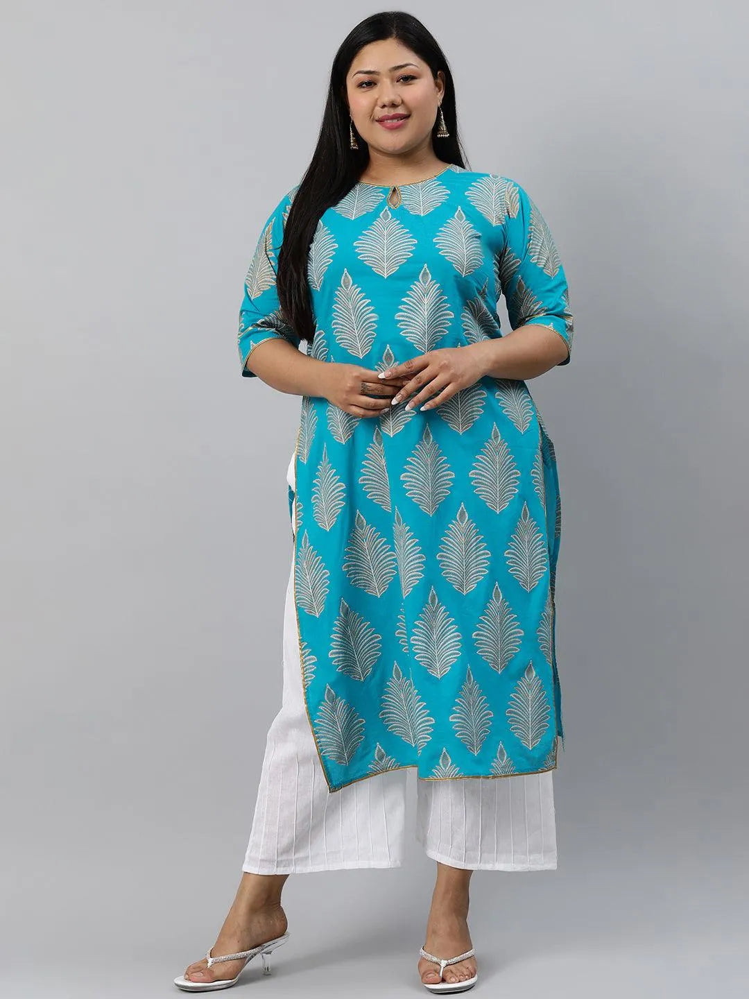 Plus Size Turtuoise Blue Printed Cotton Kurta - Jashvi