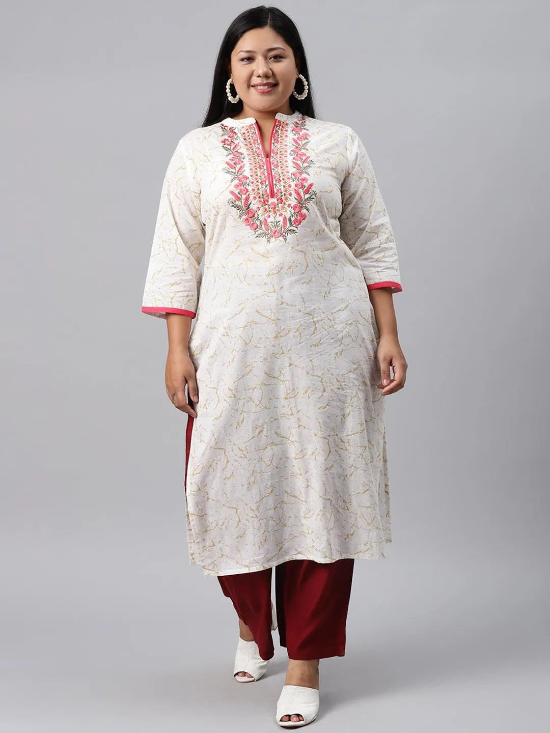 Plus Size White Embroidered Cotton Kurta - Jashvi