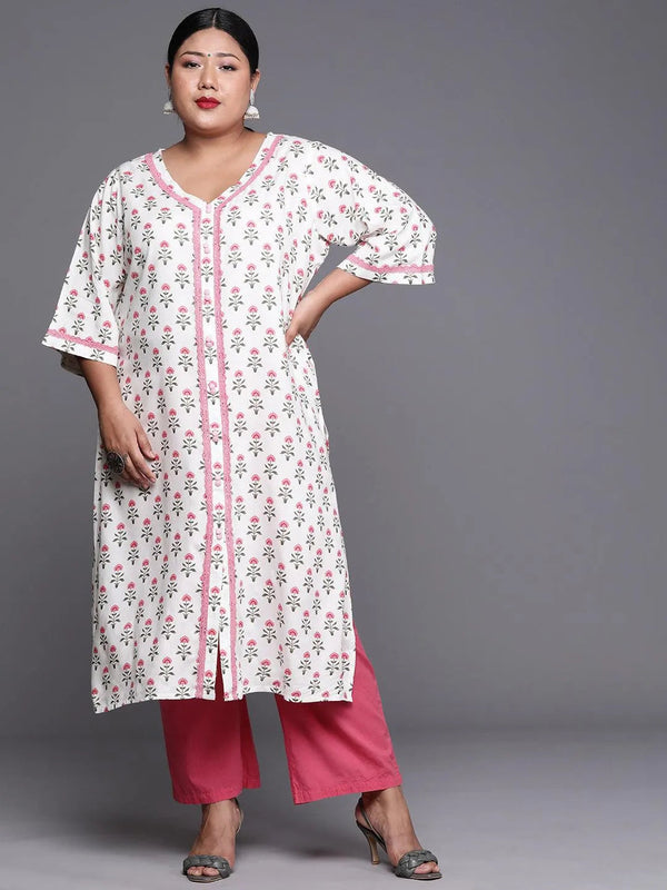 Plus Size White Printed Cotton Kurta - Jashvi