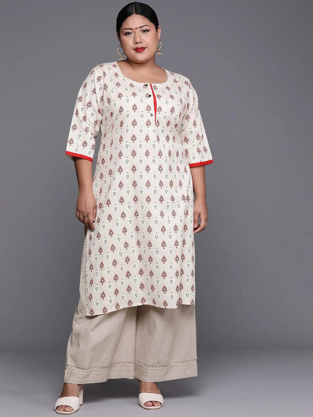 Plus Size White Printed Cotton Kurta - Jashvi