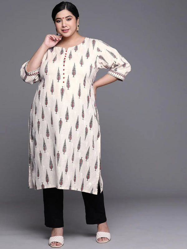 Plus Size White Printed Cotton Kurta - Jashvi