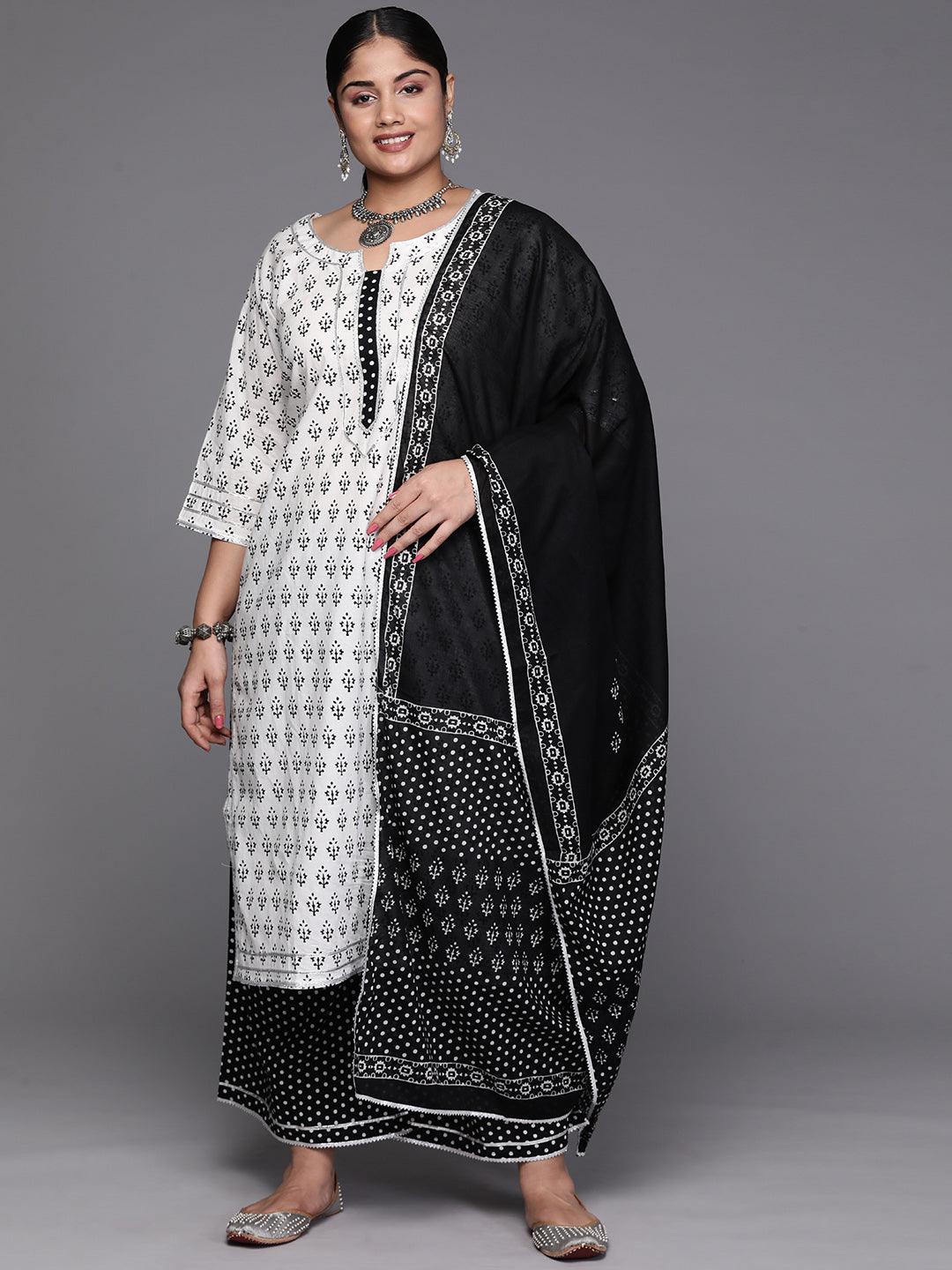 Plus Size White Printed Cotton Kurta With Palazzos & Dupatta - Jashvi