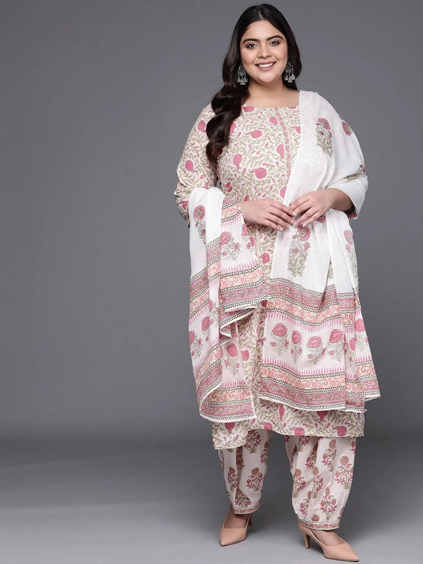 Plus Size White Printed Cotton Straight Kurta With Salwar & Dupatta - Jashvi