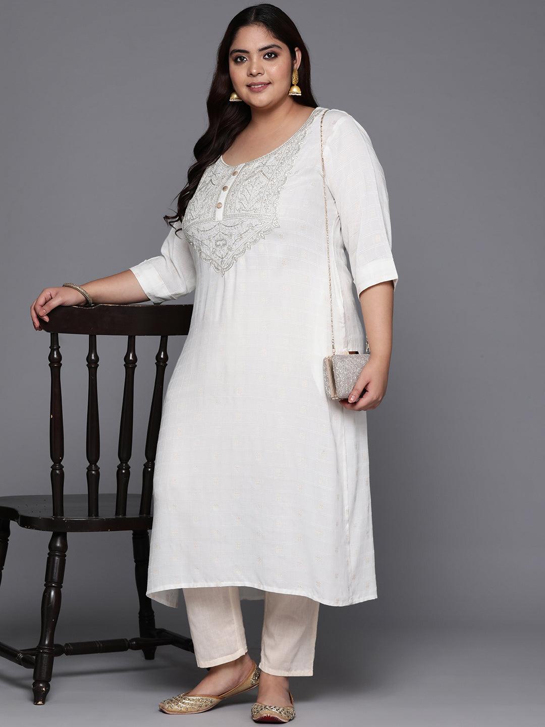 Plus Size White Printed Rayon Straight Kurta - Jashvi