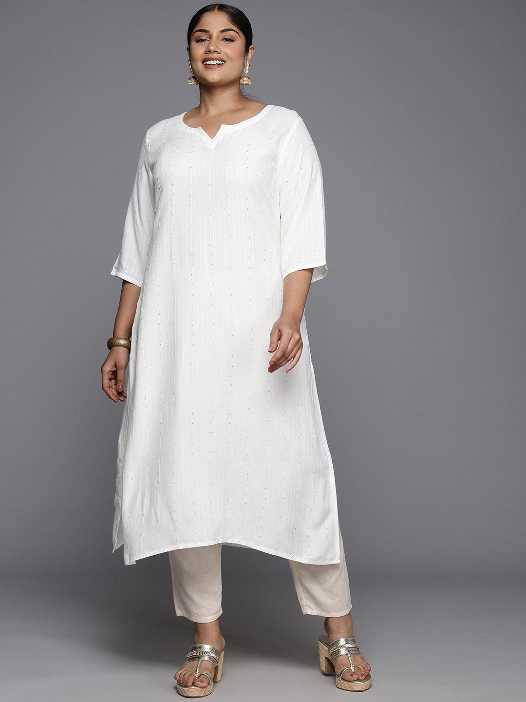 Plus Size White Rayon Embroidered Straight Kurta - Jashvi