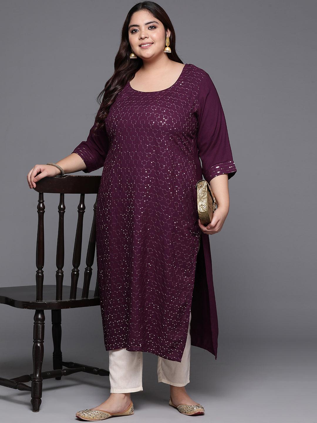 Plus Size Wine Embellished Rayon Straight Kurta - Jashvi