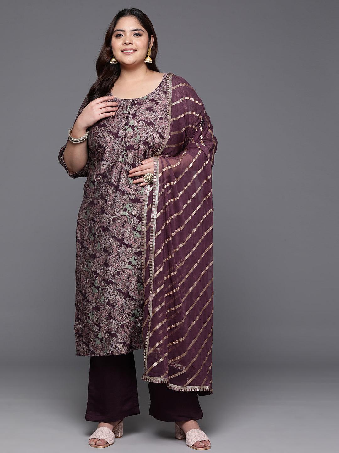 Plus Size Wine Printed Silk Blend Straight Kurta With Trousers & Dupatta - Jashvi