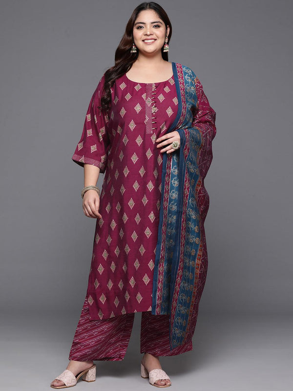 Plus Size Wine Printed Silk Blend Straight Kurta With Trousers & Dupatta - Jashvi